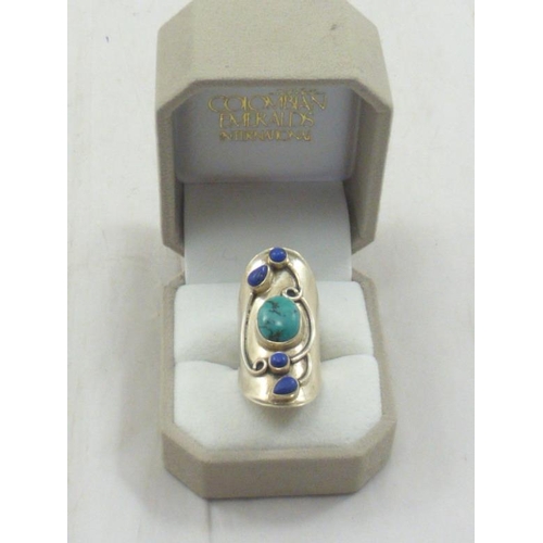 178 - Large Silver Ring Decorated with Blue and Turquoise Stone (Size 0) in Presentation Box