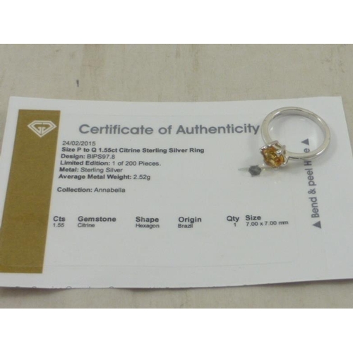 188 - Limited Edition Sterling Silver Citrine Ring Complete with Certificate of Authenticity