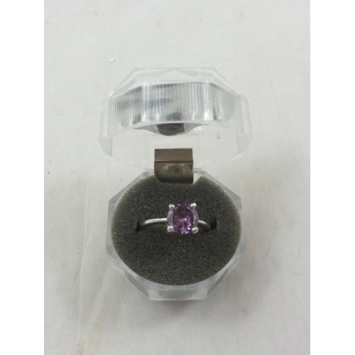 200 - Rhodium and Amethyst Ring Size 5.5 complete with presentation Box