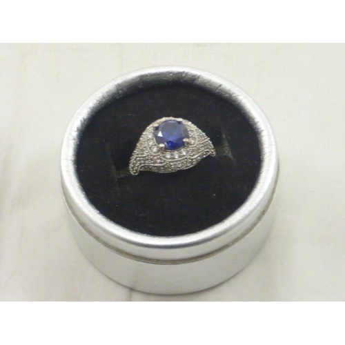 210 - Silver 925 Art Deco Style Ring with CZ and Blue Stone Decoration Size 6.5 complete with Presentation... 