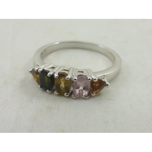 227 - Hallmarked Silver Ring with Multi-coloured stones (Size 8.5) in presentation Box