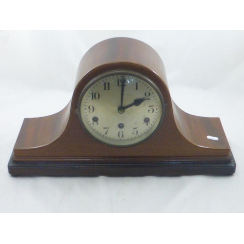 406 - Napoleon hat, mahogany Westminster chimes mantle clock, Circa 1920 complete with Key and Pendulum