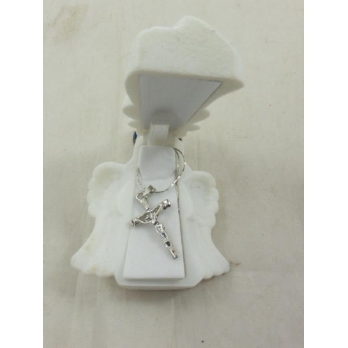 431 - Silver Toned Crucifix Pendant with Chain in Angel Themed Presentation Box