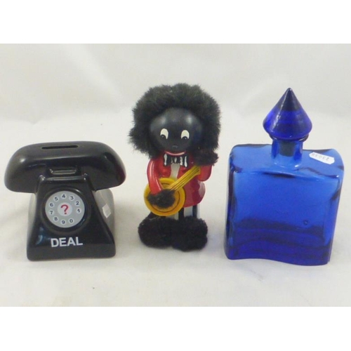 436 - Two Money Boxes and Large Blue Glass Perfume Bottle