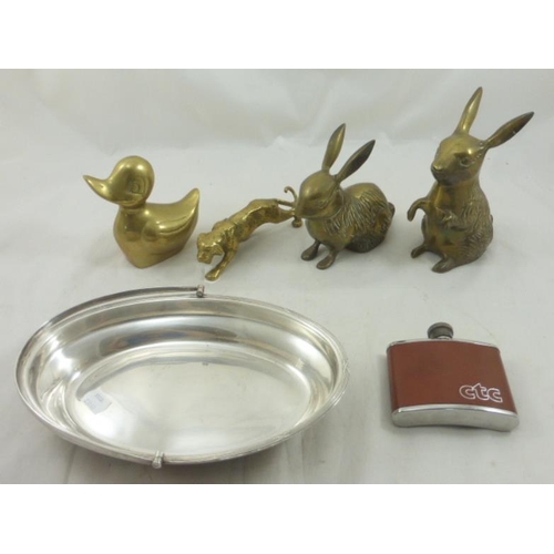 440 - Selection of Brass Animals including Tiger, silver Plated Serving Tray and Spirit Flask