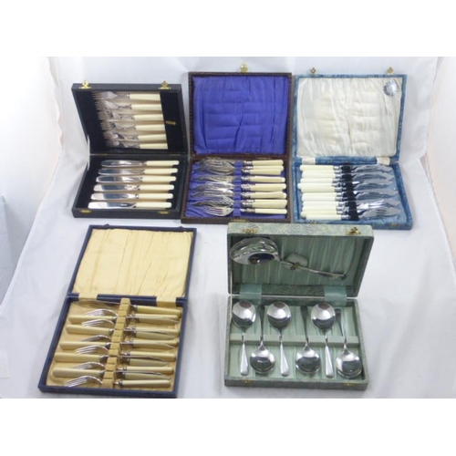 452 - Five Vintage Boxed Cutlery Sets Including Knife and Fork Sets and Dessert Spoon Set