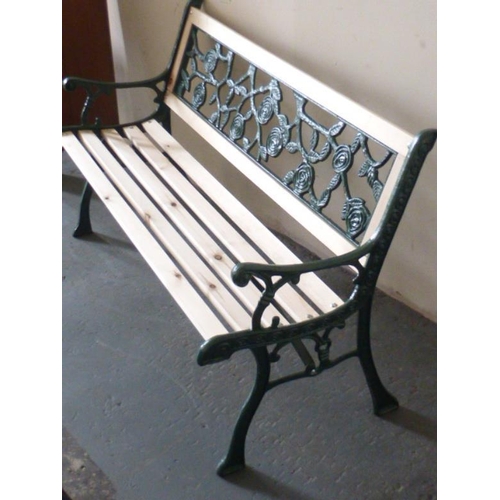 477 - Wrought Iron Garden Bench with Wooden Slats and Leaf Decoration