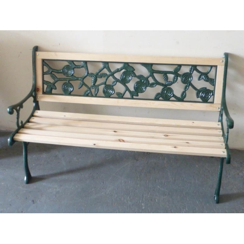 477 - Wrought Iron Garden Bench with Wooden Slats and Leaf Decoration