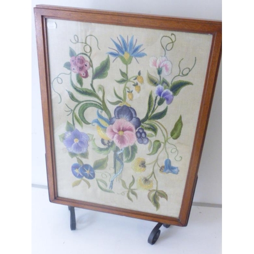 490 - Oak Framed Embroidered Fire Screen Mount on Wrought Iron Frame (50cm x 67cm)