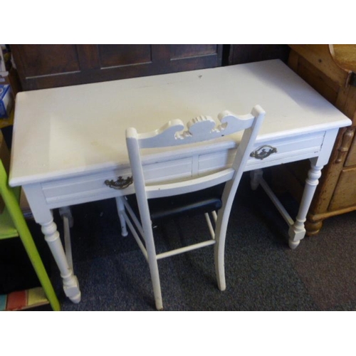 104 - Vintage wooden painted desk with two drawers and wooden chair