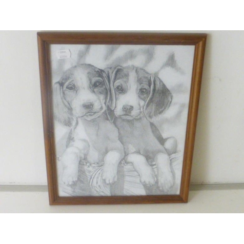 16 - Framed and glazed print depicting a sketch of Puppies