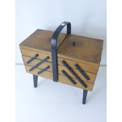 446 - Vintage Wooden Cantilever Sewing Box with bentwood handle. L 43 cm W 22 cm H 45cm approx to top of h... 