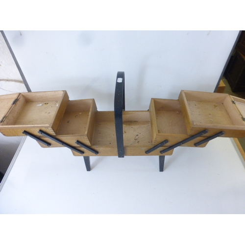 446 - Vintage Wooden Cantilever Sewing Box with bentwood handle. L 43 cm W 22 cm H 45cm approx to top of h... 