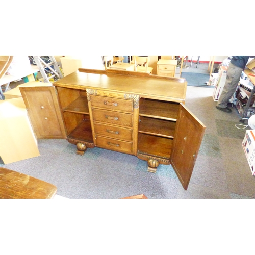 136 - Vintage Hand Carved Oak Sideboard with side cupboards, four drawers including cutlery