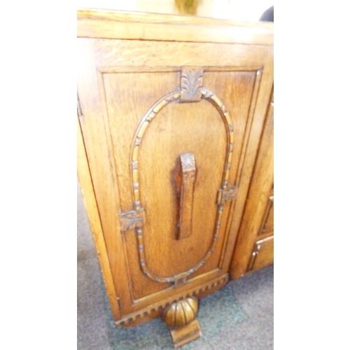 136 - Vintage Hand Carved Oak Sideboard with side cupboards, four drawers including cutlery