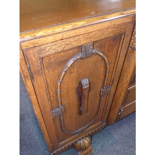 136 - Vintage Hand Carved Oak Sideboard with side cupboards, four drawers including cutlery