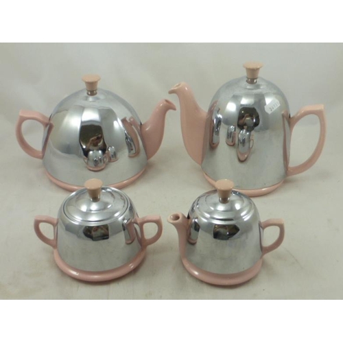 363 - Retro celtic covered teapot, coffee pot, milk & sugar bowl in Pink