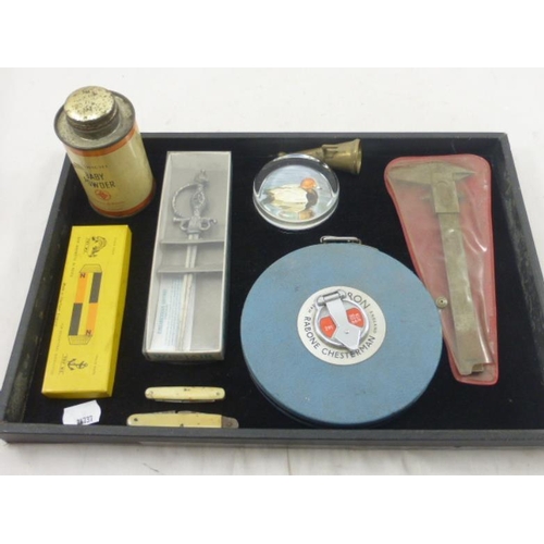 364 - Mixed Tray Including Rabone Tape Measure, Fruit Knives, Vintage Baby Powder and More