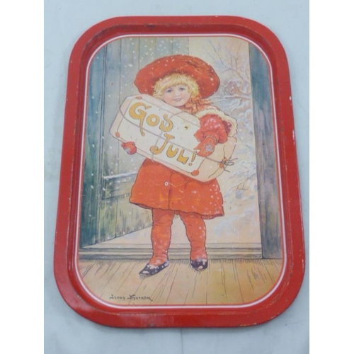 388 - Christmas Tray Jenny Nystrom God Jul Holiday Decor Tin Lithograph Tray Swedish Norwegian Greetings