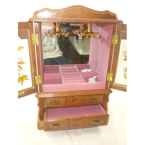 162 - Wooden Jewellery Cabinet with Decorative Glass Doors (40cm x 25cm)