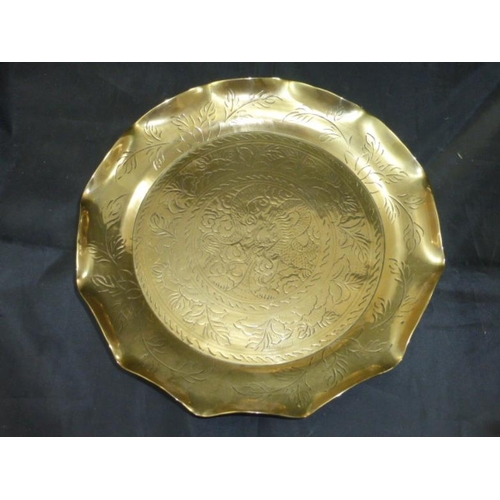 253 - Heavy Vintage Chinese Hand Engraved Brass Tray. Approx 30 cm diameter and almost a kilo in weight an... 