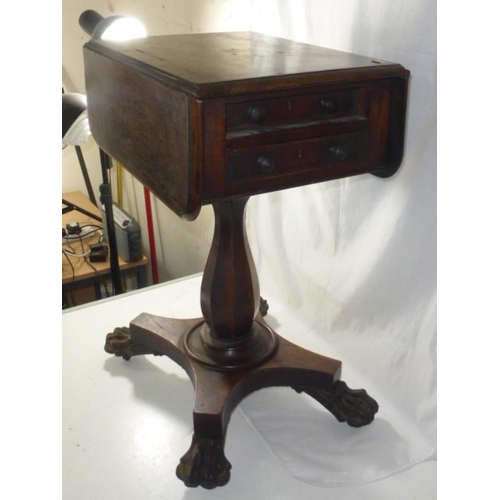 376 - Antique Drop Leaf Table with Two Central Drawers on Heavy Base with Lions Claw Feet