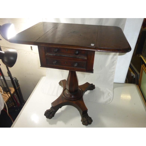 376 - Antique Drop Leaf Table with Two Central Drawers on Heavy Base with Lions Claw Feet