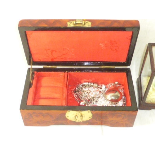 6 - Chinese Art carving Jewellery box, art carving display and two cased hand painted eggs