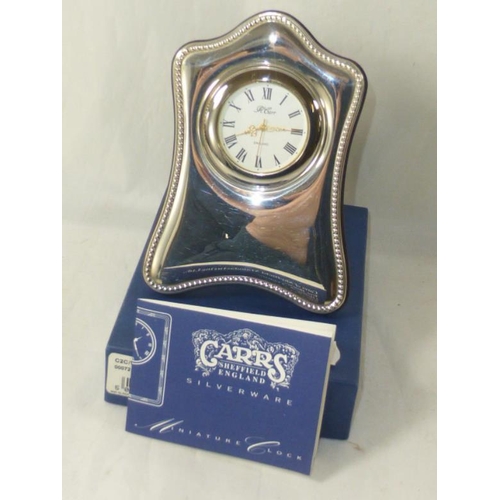 111 - Carrs Silver hallmarked sheffield 1997 wood backed mantle clock