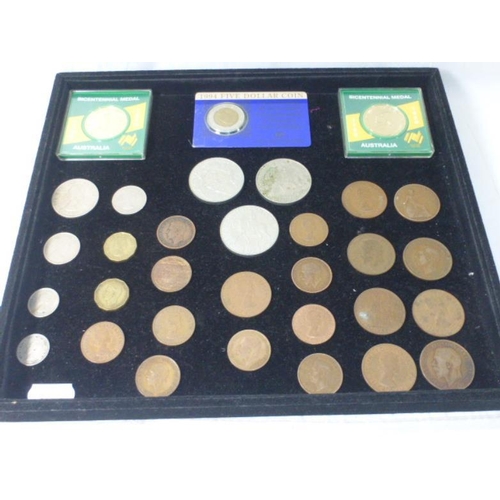 75 - Mixed Tray of Coinage Including Australian $5 Coin and Bicentennial Medals, Crowns, and mixed Coinag... 
