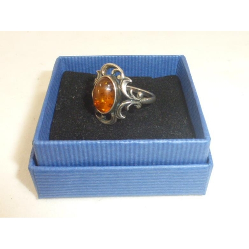 3 - Vintage Silver 925 Ring with Amber Stone Decoration (Size o)