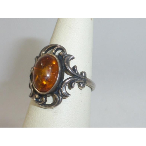 3 - Vintage Silver 925 Ring with Amber Stone Decoration (Size o)