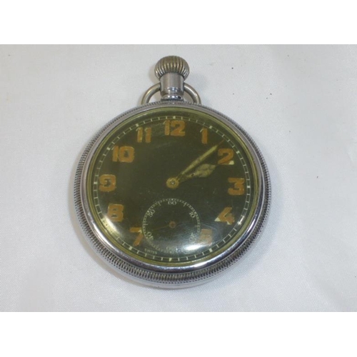 132 - A Cyma military pocket watch with black dial and subsidiary seconds, broad arrow mark GSTP T19388