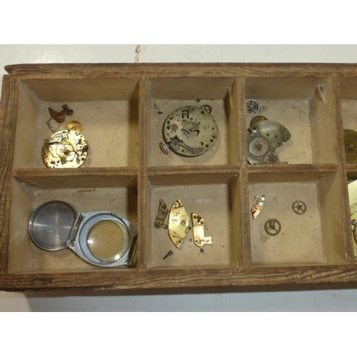 154 - Vintage wooden box containing pocket watch parts, pocket watch and more