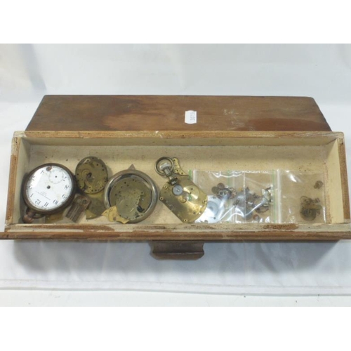 154 - Vintage wooden box containing pocket watch parts, pocket watch and more