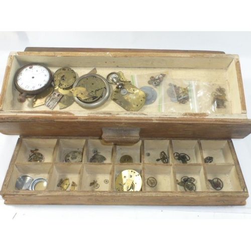 154 - Vintage wooden box containing pocket watch parts, pocket watch and more