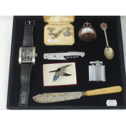 158 - Collectors Tray Including Henley Watch, Cufflink Set, Pocket Watch, and Lots More