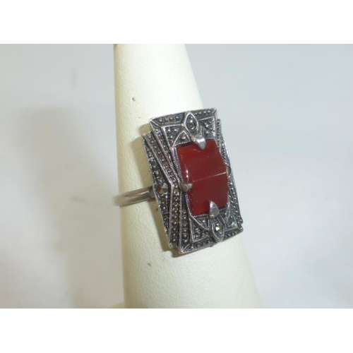 121 - Antique Sterling Silver Marcasite & Garnet Ring