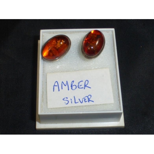 129 - Pair of Silver 925 Earring's with Amber Stone Decoration