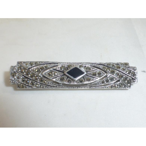 153 - Antique Sterling Silver Marcasite & Onyx Brooch
