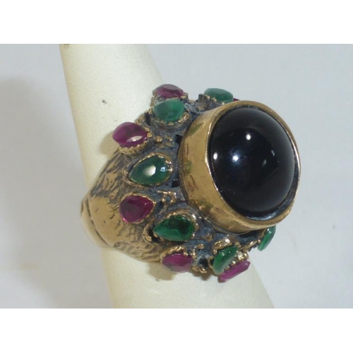 152 - Antique Yellow Metal (UNTESTED GOLD) Emerald, Ruby & Onyx Ring