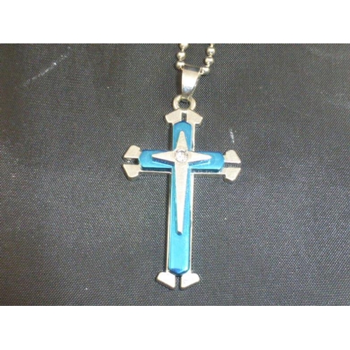 161 - Raised Three Tier Cross with Gem Stone center pendant on Ball Chain