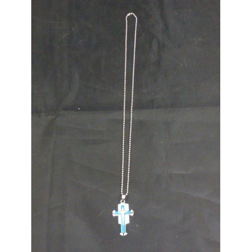 161 - Raised Three Tier Cross with Gem Stone center pendant on Ball Chain