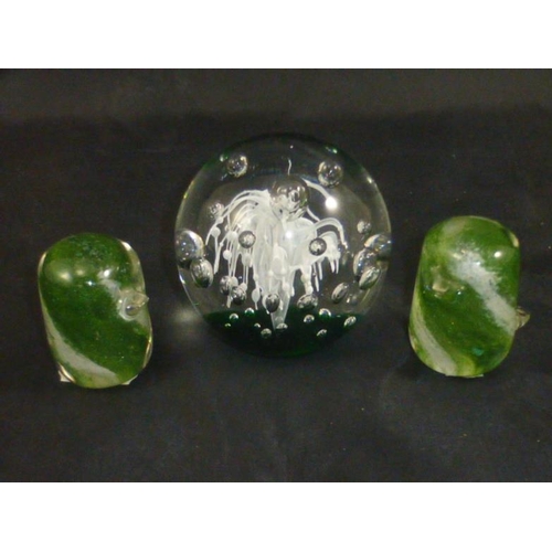 169 - Two Hand Blown Swirl Glass Bird Figures and Heavy Bubble Paperweight