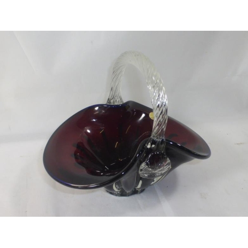 170 - Cranberry Glass Bowl with Clear Glass Handle