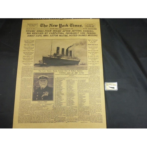 178 - Gold Layered Titanic Ingot together with Copy of The New York Times Front Page reporting the Daisast... 