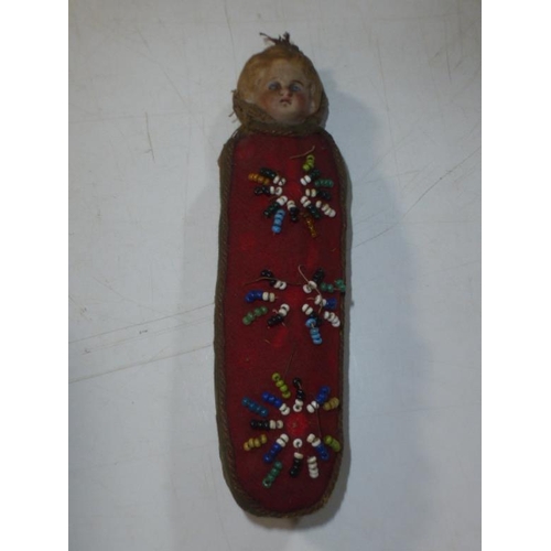 60 - Antique Bisque Doll Wrapped in Beaded Swaddling