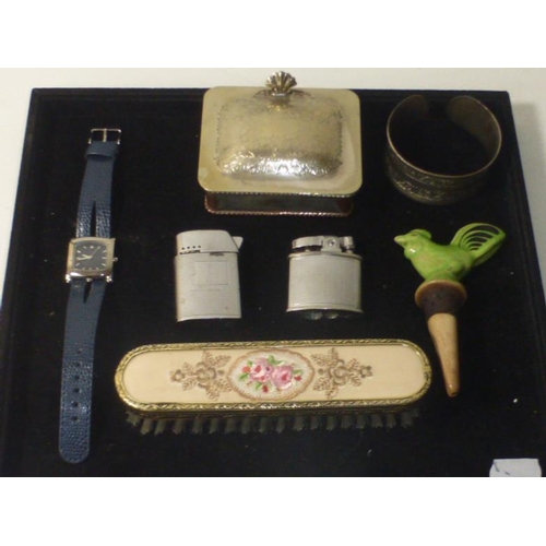 66 - Collectors Tray including Vintage Lighters, Ceramic spirit Pour, Silver Plate and More