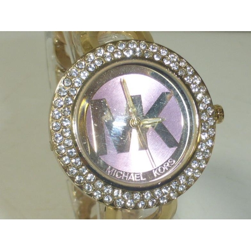 76 - Michael Kors Style Gold Tone Wrist Watch with Jeweled Bezel (New & Working)