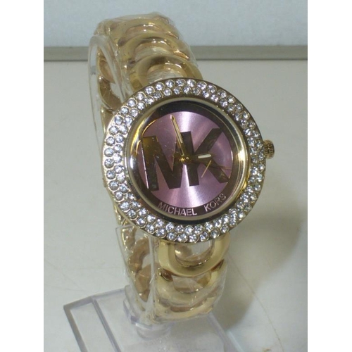 76 - Michael Kors Style Gold Tone Wrist Watch with Jeweled Bezel (New & Working)